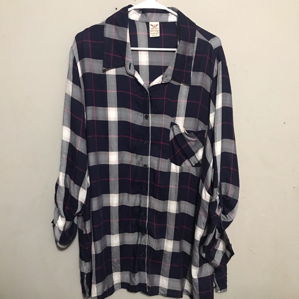 Navy Blue Plaid Button Up Tunic 3X 22/24W